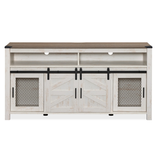 WAMPAT Farmhouse Buffet Cabinet, Rustic Sideboard with Sliding Barn Doors, 59" Coffee Bar Storage Cabinet with Mesh Doors, Rustic White Cupboard