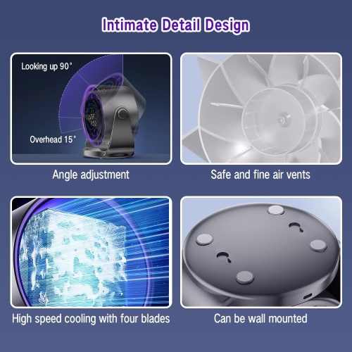 4000&nbsp;mAh – Ventilateur de bureau à turbine silencieuse rechargeable, 1-100 réglages de vitesse, écran LED, recharge USB, écran numérique pour