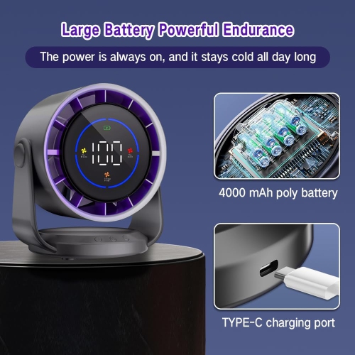 4000&nbsp;mAh – Ventilateur de bureau à turbine silencieuse rechargeable, 1-100 réglages de vitesse, écran LED, recharge USB, écran numérique pour