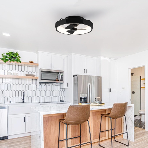 Parrot Uncle 19" Black Modern Low Profile Semi-Flush Mount Ceiling Fan with Light and Remote Control