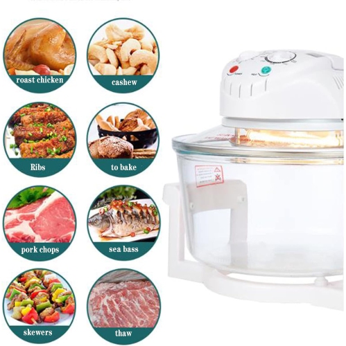Glass Air Fryer, 17L Halogen Oven Cooker, 1300W 60 Minutes Automatic Timer Function, With Detachable Heightening Ring and Non-slip Heat Insulation