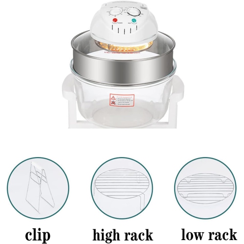 Glass Air Fryer, 17L Halogen Oven Cooker, 1300W 60 Minutes Automatic Timer Function, With Detachable Heightening Ring and Non-slip Heat Insulation