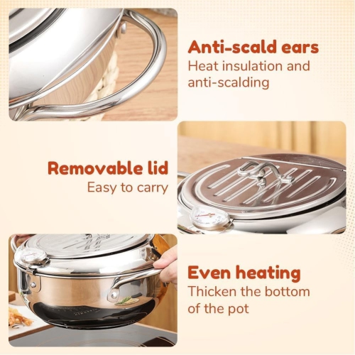 Deep Fryer Pot, Small Deep Fryer 304 Stainless Steel, with Temperature Control and Oil Drip Drainer Rack, Deep Frying Pot with Lid Pot Open Diameter