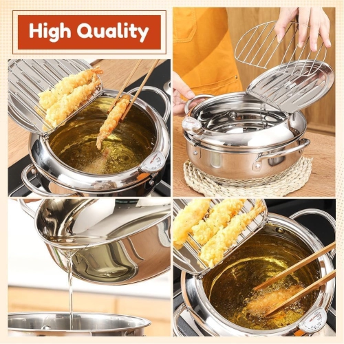 Deep Fryer Pot, Small Deep Fryer 304 Stainless Steel, with Temperature Control and Oil Drip Drainer Rack, Deep Frying Pot with Lid Pot Open Diameter