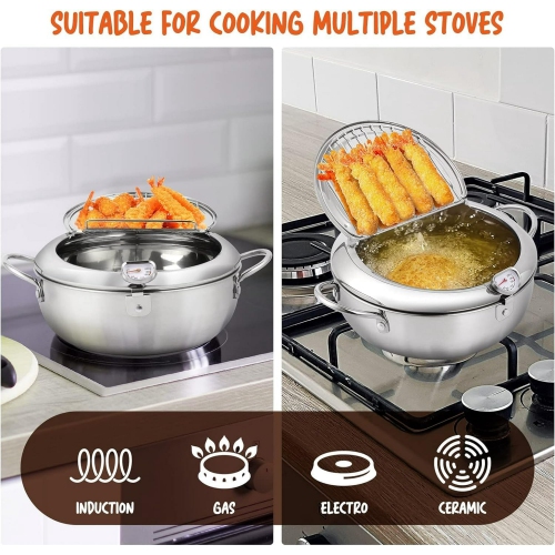 Deep Fryer Pot, Small Deep Fryer 304 Stainless Steel, with Temperature Control and Oil Drip Drainer Rack, Deep Frying Pot with Lid Pot Open Diameter