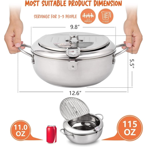 Deep Fryer Pot, Small Deep Fryer 304 Stainless Steel, with Temperature Control and Oil Drip Drainer Rack, Deep Frying Pot with Lid Pot Open Diameter