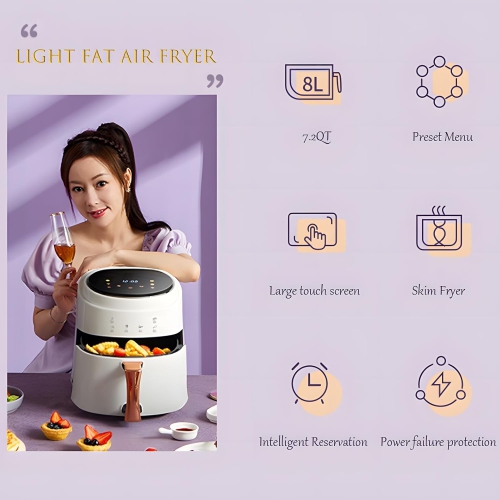 Glass Air Fryer,Smart Compact 7.2QT Air Fryer Small,1400w,8 Preset Cooking Functions,450°F,Touch Screen, Oven Oilless Cooker for Quick Healthy