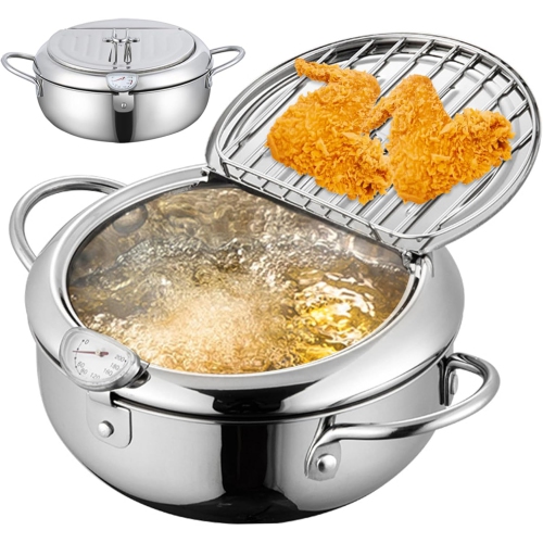 Stainless Steel Japanese Tempura Fryer - 4.2L Deep Fry Pot with Temperature Control & Oil Drip Drainer Rack Small Fry Pot with Handles for Fish Pot