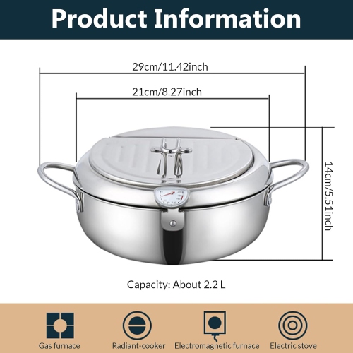 Stainless Steel Japanese Tempura Fryer - 3.2L Deep Fry Pot with Temperature Control & Oil Drip Drainer Rack Small Fry Pot with Handles for Fish Pot