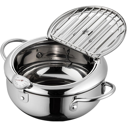 Friteuse, petite friteuse en acier inoxydable 304 avec contrôle de la température et grille d'égouttage d'huile, marmite de friture avec couvercle