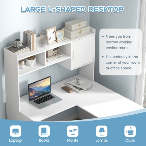 Bureau d'ordinateur en coin en L avec étagère de rangement ouverte et armoire