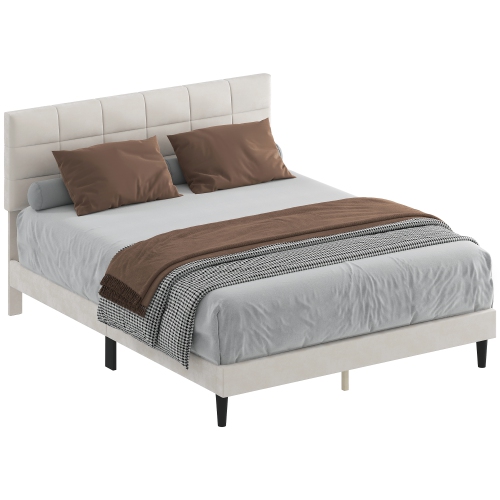 HOMCOM Queen Bed Frame with Headboard, 1100 lbs Upholstered Platform Bed Frame with Under Bed Storage, Wooden Slat Support, No Box Spring Needed,