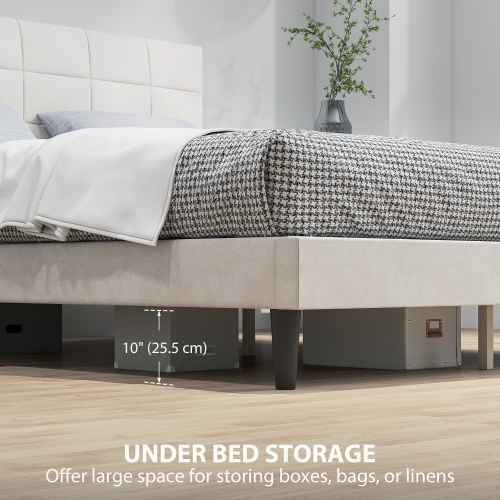 HOMCOM Queen Bed Frame with Headboard, 1100 lbs Upholstered Platform Bed Frame with Under Bed Storage, Wooden Slat Support, No Box Spring Needed,