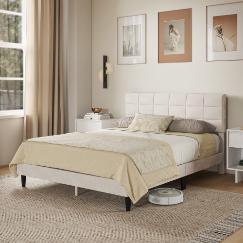 HOMCOM Queen Bed Frame with Headboard, 1100 lbs Upholstered Platform Bed Frame with Under Bed Storage, Wooden Slat Support, No Box Spring Needed,
