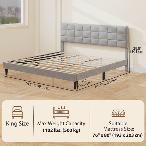 HOMCOM King Bed Frame with Headboard, 1100 lbs Upholstered Platform Bed Frame with Under Bed Storage, Wooden Slat Support, No Box Spring Needed, Easy