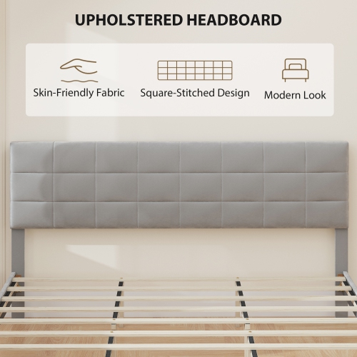 HOMCOM King Bed Frame with Headboard, 1100 lbs Upholstered Platform Bed Frame with Under Bed Storage, Wooden Slat Support, No Box Spring Needed, Easy