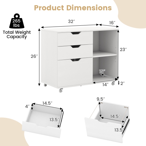 3-Drawer File Cabinet with Adjustable Shelf and Wheels for Letter-Size Files