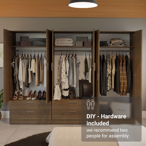 MADESA 6 Doors 4 Drawers Wardrobe Set Armoire Closet Bedroom Storage Cabinet with Shelves and Hanging Space 94"L Wooden Clothing Organizer Unit -