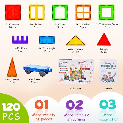 cossy 120Pcs Magnet Tiles Magnetic 3D Building Blocks Set Educational Construction Toys for 3+ Year Kids with Stronger M