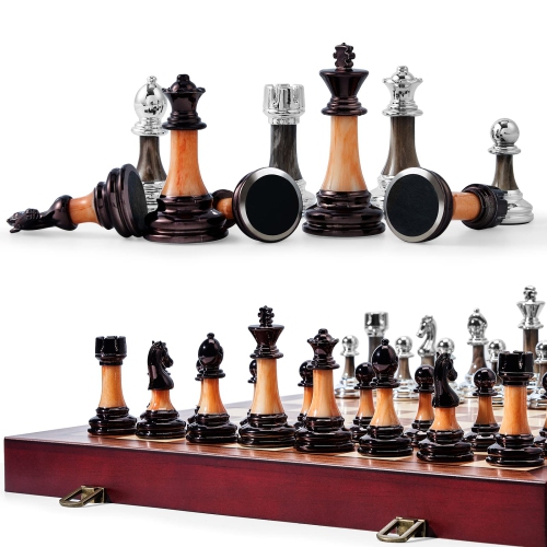 VAMSLOVE Chess Set Large 16''/42cm Folding Wooden Board with Deluxe Weighted Acrylic Chess Pieces - 3.5" King with Stora