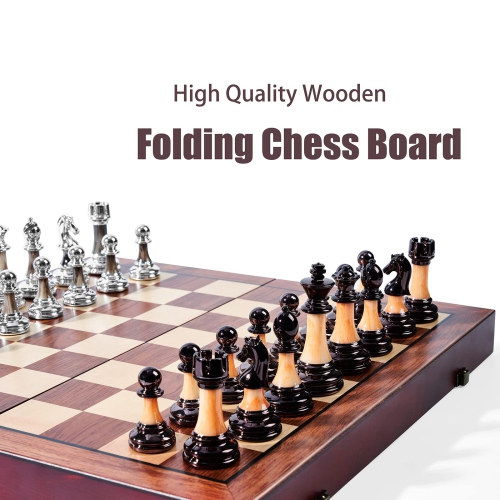 VAMSLOVE Chess Set Large 16''/42cm Folding Wooden Board with Deluxe Weighted Acrylic Chess Pieces - 3.5" King with Stora