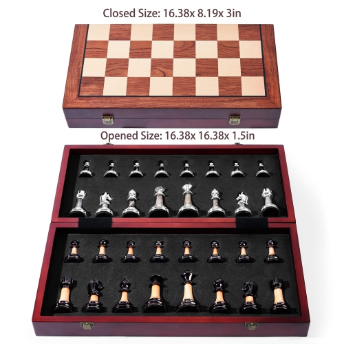 VAMSLOVE Chess Set Large 16''/42cm Folding Wooden Board with Deluxe Weighted Acrylic Chess Pieces - 3.5" King with Stora