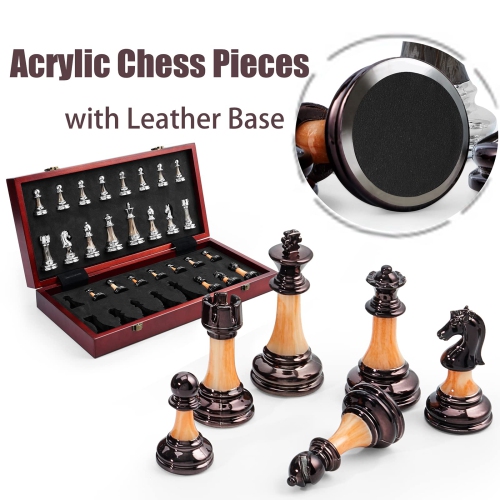 VAMSLOVE Chess Set Large 16''/42cm Folding Wooden Board with Deluxe Weighted Acrylic Chess Pieces - 3.5" King with Stora