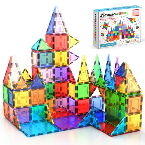 PicassoTiles 100 Piece Set 100pcs Magnet Building Tiles Clear Magnetic 3D Building Blocks Construction Playboards, Creat