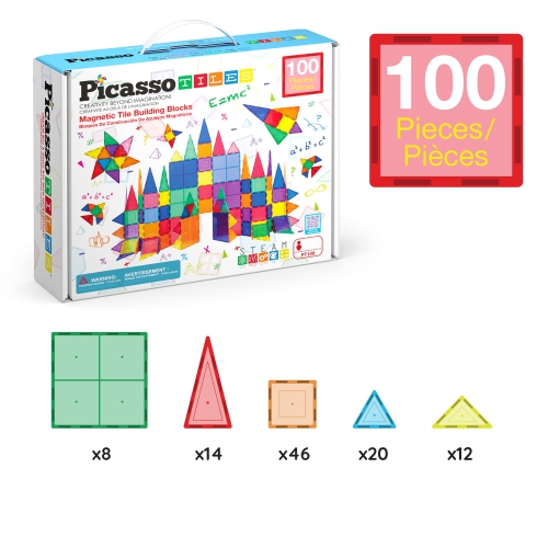 PicassoTiles 100 Piece Set 100pcs Magnet Building Tiles Clear Magnetic 3D Building Blocks Construction Playboards, Creat