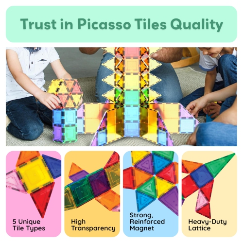 PicassoTiles 100 Piece Set 100pcs Magnet Building Tiles Clear Magnetic 3D Building Blocks Construction Playboards, Creat