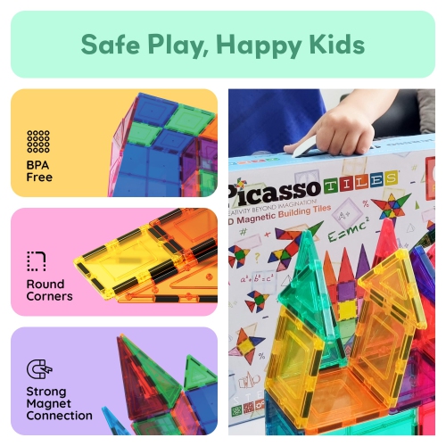 PicassoTiles 100 Piece Set 100pcs Magnet Building Tiles Clear Magnetic 3D Building Blocks Construction Playboards, Creat