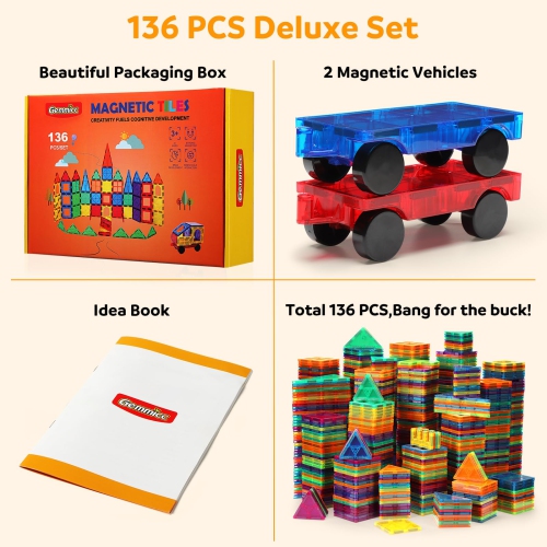 Gemmicc Magnetic Tiles, Deluxe 136 PCS Building Blocks Magnet Toys for Kids,3D Magnet Puzzles Stacking Blocks for Boys G