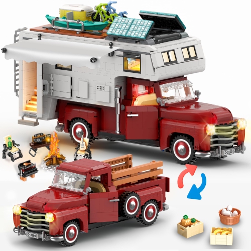 Car Building Block for Adult, 2-in-1 Camper Van Building and Farm Pickup Truck Building Set Toy for Boys Age 12+, Retro