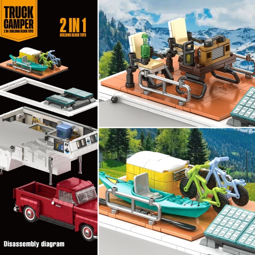 Car Building Block for Adult, 2-in-1 Camper Van Building and Farm Pickup Truck Building Set Toy for Boys Age 12+, Retro