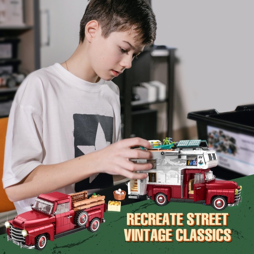 Car Building Block for Adult, 2-in-1 Camper Van Building and Farm Pickup Truck Building Set Toy for Boys Age 12+, Retro