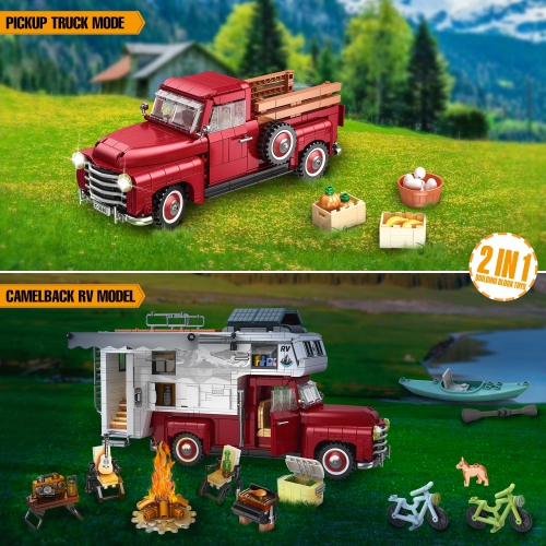 Car Building Block for Adult, 2-in-1 Camper Van Building and Farm Pickup Truck Building Set Toy for Boys Age 12+, Retro