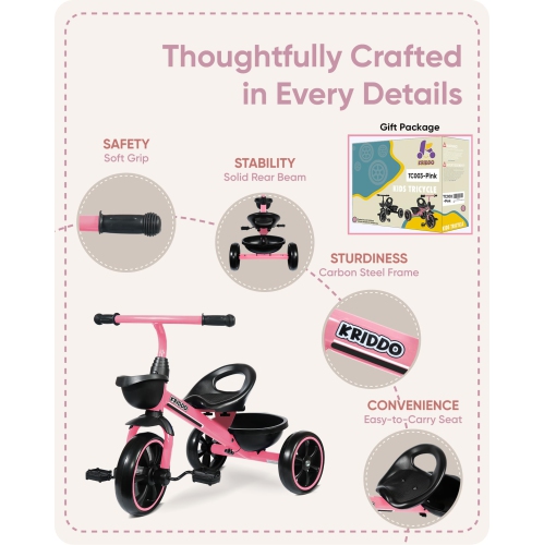 KRIDDO Kids Tricycles Age 24 Month to 4 Years, Toddler Kids Trike for 2.5 to 5 Year Old, Gift Toddler Tricycles for 2-4