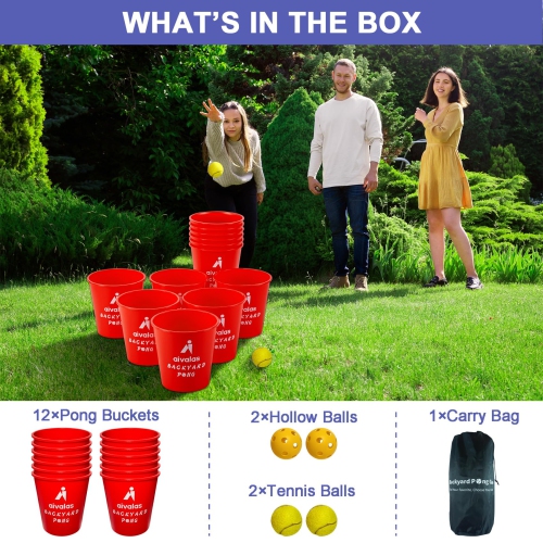 Aivalas Yard Pong Outdoor/Indoor Games Set, Giant Yard Pong Game for Adults and Family with 12 Buckets, 4 Balls and a Ca