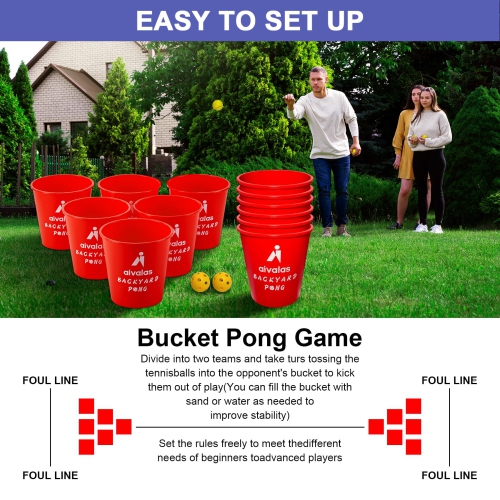 Aivalas Yard Pong Outdoor/Indoor Games Set, Giant Yard Pong Game for Adults and Family with 12 Buckets, 4 Balls and a Ca