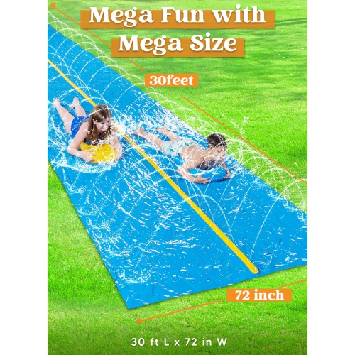 Sloosh Huge Water Slide, 30ft x 6ft Heavy Duty Lawn Water Slide with Built-in Sprinkler and 2 Slip Inflatable Boards for