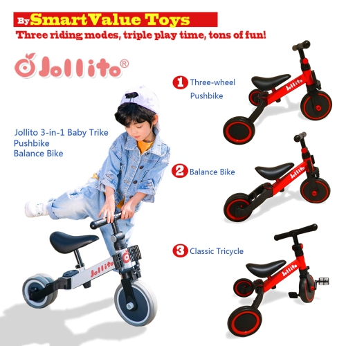 Jollito 5-in-1 Toddler Tricycle for 1-3 Years Old, Kids Pushbike Balance Bike, Baby Ride-On, Indoor/Outdoor Toddler Bike
