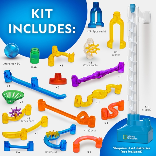 La piste de billes avec ascenseur motorisé de National Geographic - 150 pièces de labyrinthe marbré avec levage en spirale motorisé, 30 marbre