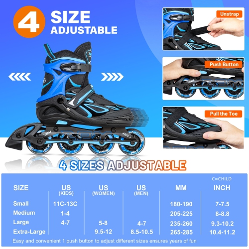2PM SPORTS Vinal Girls Adjustable Flashing Inline Skates, All Wheels Light Up, Fun Illuminating Skates for Kids Men Adul