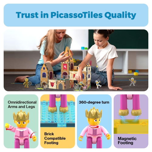 PicassoTiles 70 pièces Moyen Âge Médiéval et Thème Château Mosaïque 2-en-1 8 Figurines d'action Dalles aimantées Bloc de construction