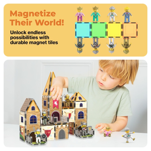 PicassoTiles 70 pièces Moyen Âge Médiéval et Thème Château Mosaïque 2-en-1 8 Figurines d'action Dalles aimantées Bloc de construction
