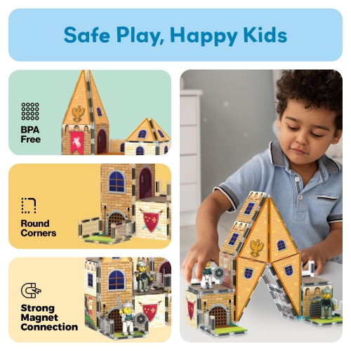 PicassoTiles 70 pièces Moyen Âge Médiéval et Thème Château Mosaïque 2-en-1 8 Figurines d'action Dalles aimantées Bloc de construction