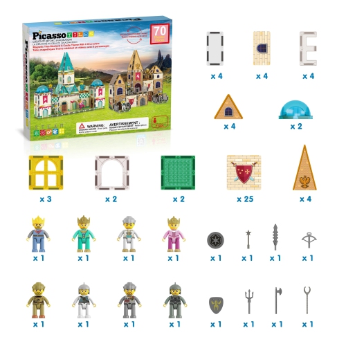 PicassoTiles 70 pièces Moyen Âge Médiéval et Thème Château Mosaïque 2-en-1 8 Figurines d'action Dalles aimantées Bloc de construction
