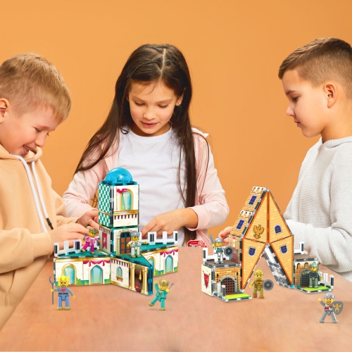 PicassoTiles 70 pièces Moyen Âge Médiéval et Thème Château Mosaïque 2-en-1 8 Figurines d'action Dalles aimantées Bloc de construction