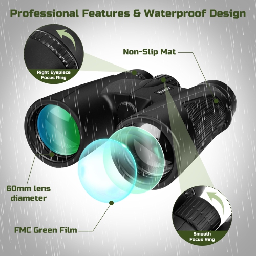 Jumelles haute puissance 25X60 pour adultes étanches Big Eyepiece antibuée de 60 mm avec lentille BAK4 Prism FMC pour sortie