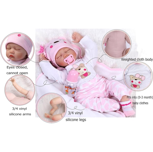 ZIYIUI Realistic Reborn Baby Doll 22 inch 55cm Soft Silicone Vinyl Doll Real Life Lifelike Eyes Closed Reborn Toddler Gi